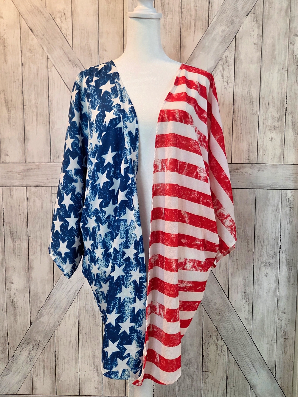 Patriotic Star & Stripe Open-Front Kimono - Red, White & Blue